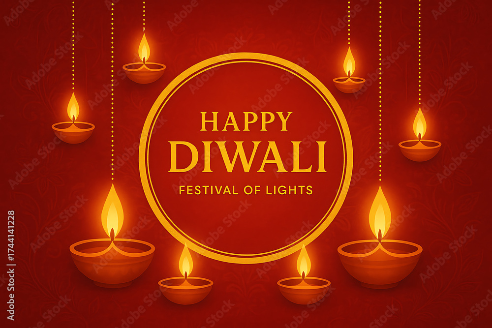 Naklejka premium Elegant diwali background with hanging glowing clay lamps and golden circular frame on red backdrop for festival greeting