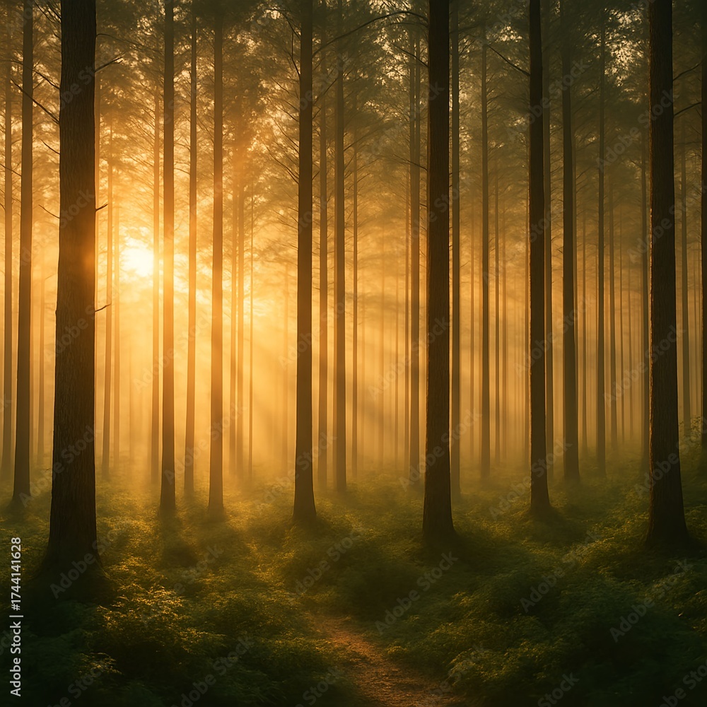 Fototapeta premium Golden morning sunlight filtering through misty pine forest