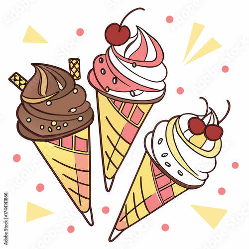 Three delicious ice cream cones with cherries and wafers on white background