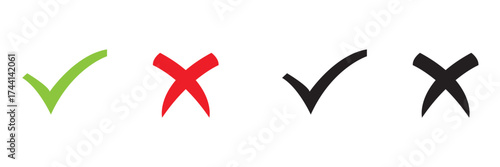 Right and wrong icon. Set of colorful check marks and crosses showing approval and rejection symbols, ideal for design, evaluation, and interface graphics.
