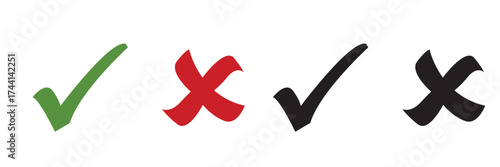 Right and wrong icon. Set of colorful check marks and crosses showing approval and rejection symbols, ideal for design, evaluation, and interface graphics.

