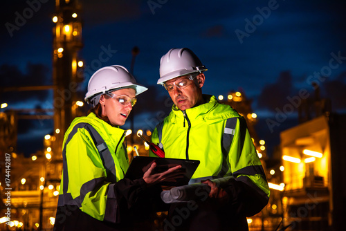 Team of construction engineers in uniforms and helmets examine project with tablet Industrial plant or oil refinery background at night