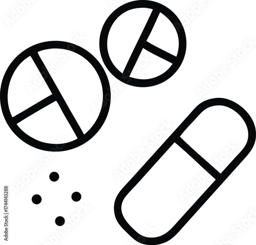 Pill capsule icon. Medical drug symbol. Pharmacy logo concept. Simple line art for healthcare, treatment, vitamin, or antibiotic dose. Vector tablet or painkiller graphic.