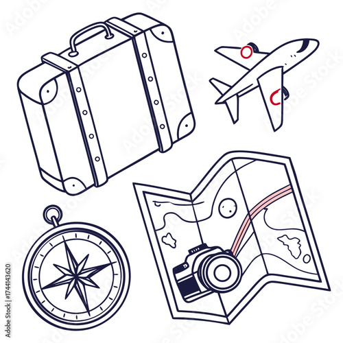 Travel essentials collection featuring suitcase airplane compass and map