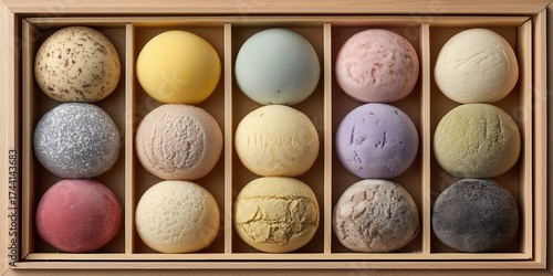 Assorted mochi ice cream in wooden box with various flavors and colors