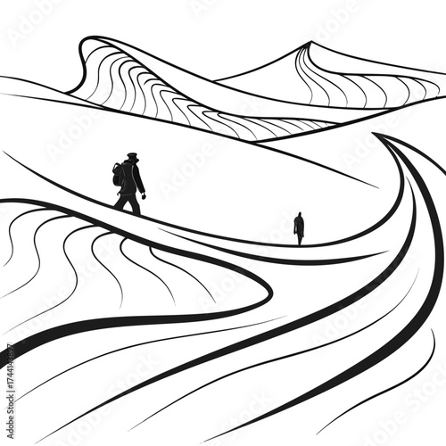 Two solitary figures walk across a stylized desert landscape with flowing lines