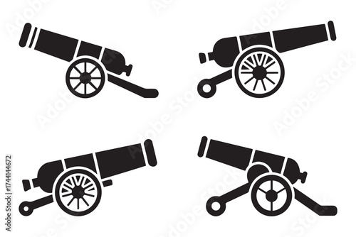 silhouette cannon icon set. Vector Black silhouettes. with white background
