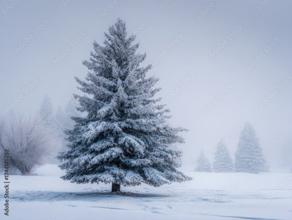 Fototapeta premium Majestic Tree Covered in Snow Amidst a Tranquil Winter Landscape with a Soft, Serene Atmosphere