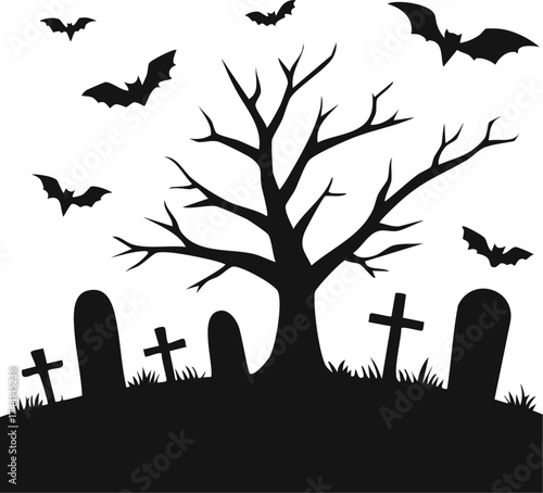 Silhouette of halloween graveyard with tombstones bats and creepy tree outline isolated vector, Halloween graveyard silhouette vector, Creepy cemetery with bats and tree line art, Spooky halloween 