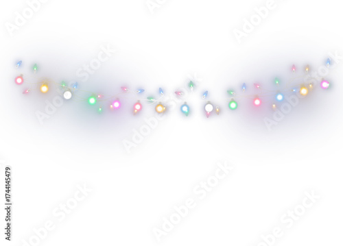 Colorful glowing string lights with multicolor bulbs and festive illumination on transparent background. Perfect for holiday, party, and celebration design elements.