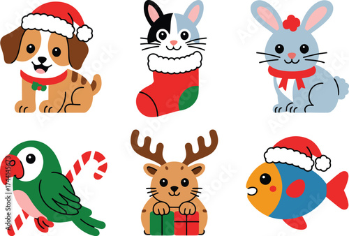 Cute Christmas animals dog cat rabbit parrot reindeer fish candy cane 