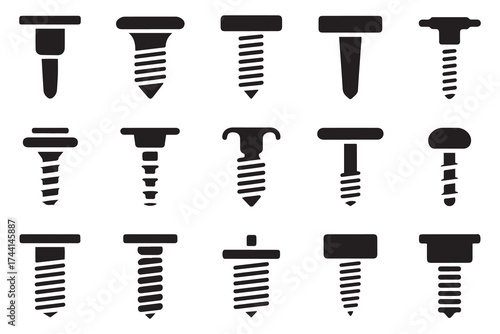 plastic Wall plug and screw icon set. Vector Black silhouettes. with white background