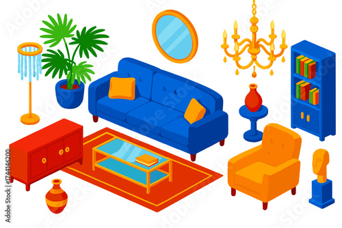 Luxury Lounge Interiors. Isometric vector illustration set Luxury Lounge: sofa, crystal floor lamp, large potted palm, glass