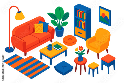 Cozy Home Essentials. Isometric vector illustration set Relaxing Home Space: sofa, reading lamp, leafy plant, coffee table,