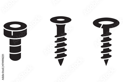 plastic Wall plug and screw icon set. Vector Black silhouettes. with white background