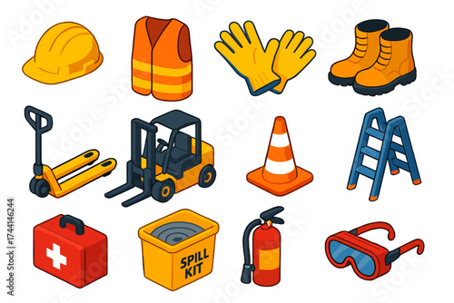 Logistics Safety Icons. Isometric vector illustration set Workplace Safety for Logistics: helmet, reflective vest, gloves, boots,