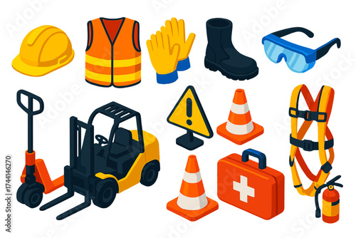 Cargo Safety Equipment. Isometric vector illustration set Cargo Handling Safety: hard hat, reflective vest, gloves, safety boots,