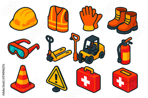 Supply Chain Safety Gear. Isometric vector illustration set Protective Equipment for Supply Chain: helmet, safety vest, gloves,