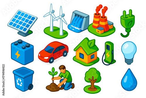 Renewable Energy Icons. Isometric vector illustration set Renewable Energy Solutions: solar panel array, wind turbines,