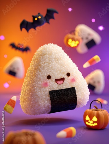 Adorable Halloween Rice Ball Cartoon Character with Festive Decorations like Bats and Candy Corn for Spooky Celebrations