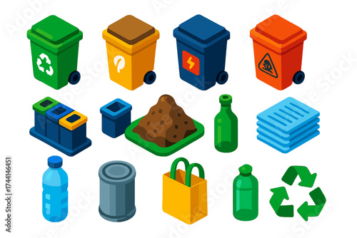 Waste Management Icons. Isometric vector illustration set Waste Management: recycling bin, compost bin, e-waste container,