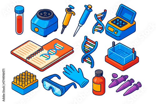 DNA Lab Tools. Isometric vector illustration set DNA Analysis Tools: test tube, centrifuge, micropipette, PCR machine, research