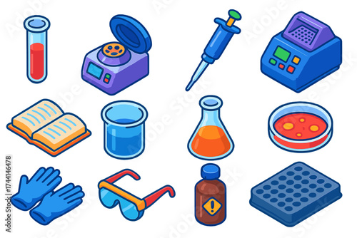 Academic Science Icons. Isometric vector illustration set Academic Science Icons: test tube, centrifuge, micropipette, PCR machine
