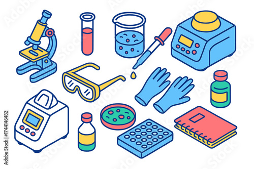 Colorful Lab Equipment Icons. Isometric vector illustration set Outline Medical Laboratory: microscope, test tube, beaker,