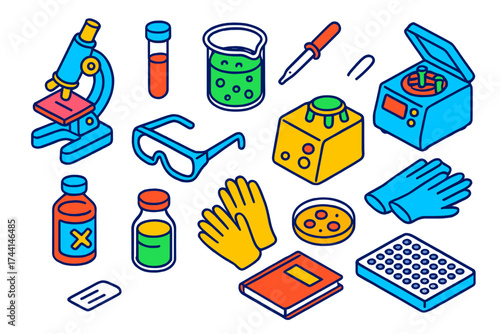 Colorful Lab Equipment Icons. Isometric vector illustration set Outline Medical Laboratory: microscope, test tube, beaker,