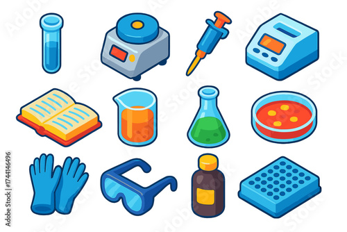 Academic Science Icons. Isometric vector illustration set Academic Science Icons: test tube, centrifuge, micropipette, PCR machine