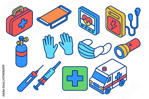 First Aid Icons. Isometric vector illustration set Outline First Aid and Rescue: first aid kit, stretcher, heart monitor,