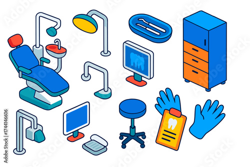 Dental Clinic Equipment. Isometric vector illustration set Dental clinic: dental chair, overhead lamp, suction tool, spittoon,