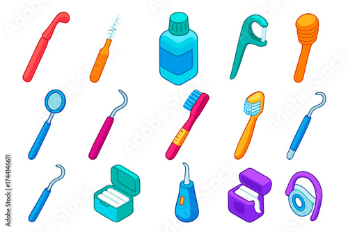 Gum Care Essentials. Isometric vector illustration set Gum care: gum stimulator, interdental brush, chlorhexidine rinse, floss