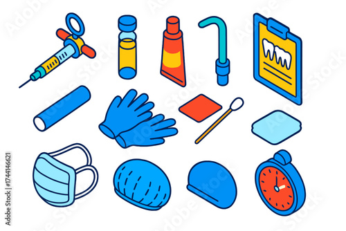 Dental Anesthesia Tools. Isometric vector illustration set Dental anesthesia: syringe, carpule, topical gel, cotton roll, suction