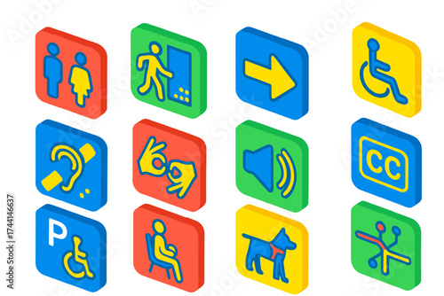 Inclusive Signage Icons. Isometric vector illustration set Inclusive signage: braille restroom sign, tactile exit sign,