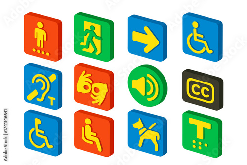 Inclusive Signage Icons. Isometric vector illustration set Inclusive signage: braille restroom sign, tactile exit sign,
