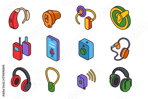 Hearing Support Icons. Isometric vector illustration set Hearing support: behind-the-ear hearing aid, in-ear hearing aid, cochlear