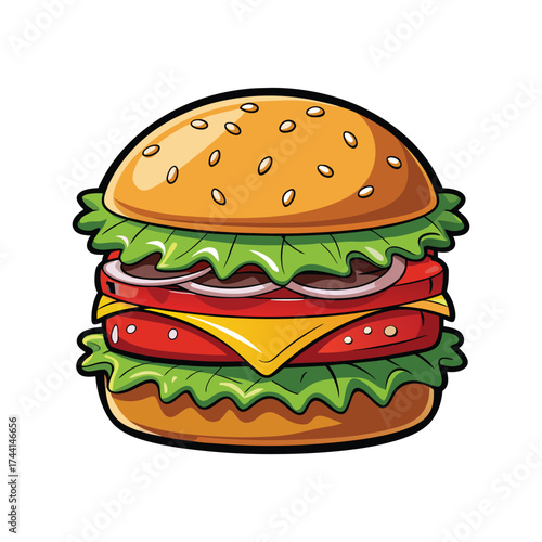 Juicy stacked burger with lettuce tomato cheese and onions delicious