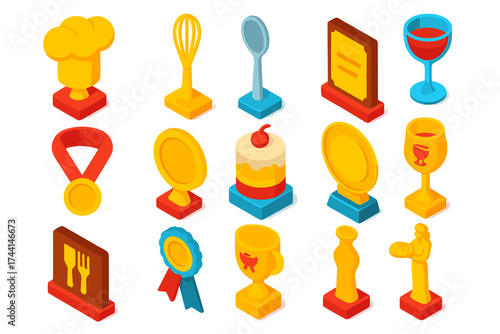 Culinary Trophy Icons. Isometric vector illustration set Culinary awards: chef hat trophy, golden whisk award, silver spoon award,