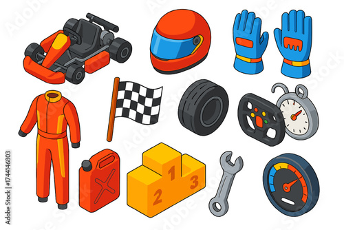 Mini Motor Sports Icons. Isometric vector illustration set Mini motor sports: go-kart, racing helmet, racing gloves, steering
