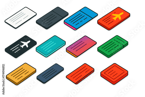 Minimal Boarding Pass Designs. Isometric vector illustration set Minimal boarding pass designs: clean white boarding pass,