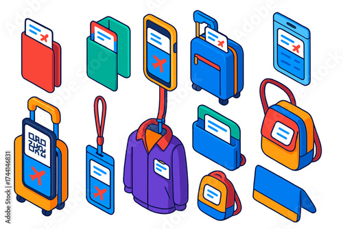 Boarding Pass Icons. Isometric vector illustration set Boarding pass and luggage pairing: printed boarding pass tucked in passport