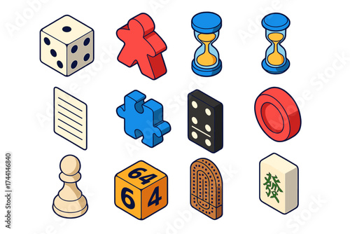 Classic Board Games. Isometric vector illustration set Classic board games: standard dice, standard meeple, ace of spades card,