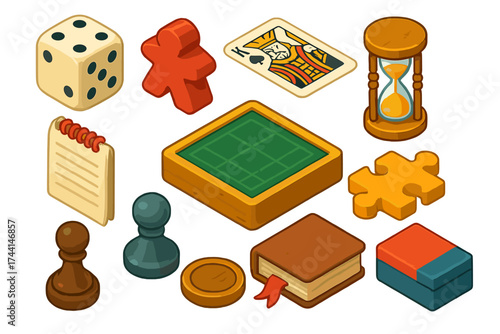 Vintage Board Game Icons. Isometric vector illustration set Vintage board games: ivory dice, wooden meeple, retro playing card,