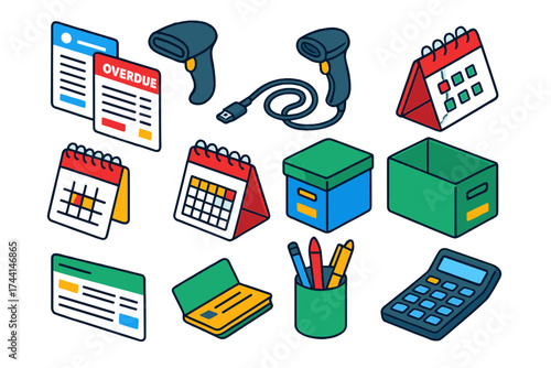 Accounting Tool Icons. Isometric vector illustration set Accounting tools: invoice with company logo, overdue invoice, barcode