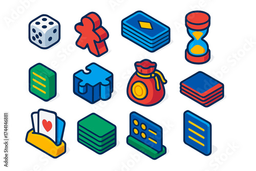 Mini Card Game Icons. Isometric vector illustration set Mini card games: mini dice, tiny meeple, card deck, fast timer, small list