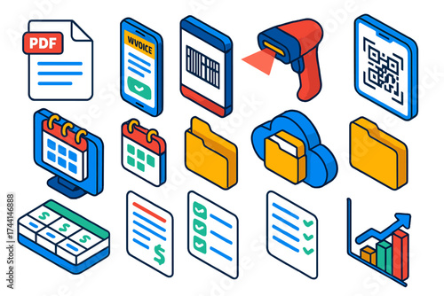 Digital Office Tools. Isometric vector illustration set Digital office workflow: e-invoice PDF, mobile invoice app, barcode