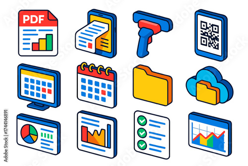 Digital Office Tools. Isometric vector illustration set Digital office workflow: e-invoice PDF, mobile invoice app, barcode