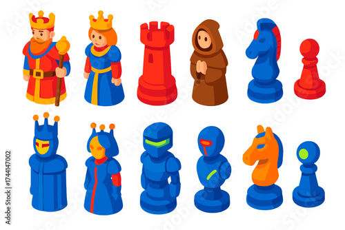 Themed Chess Set. Isometric vector illustration set Themed chess pieces: medieval king, medieval queen, castle rook, monk bishop,