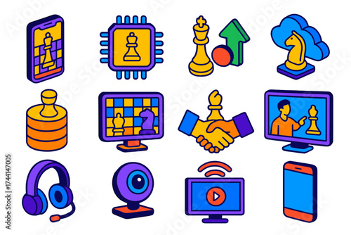 Chess Meets Technology. Isometric vector illustration set Chess and technology: online chess app, AI chess engine icon, move